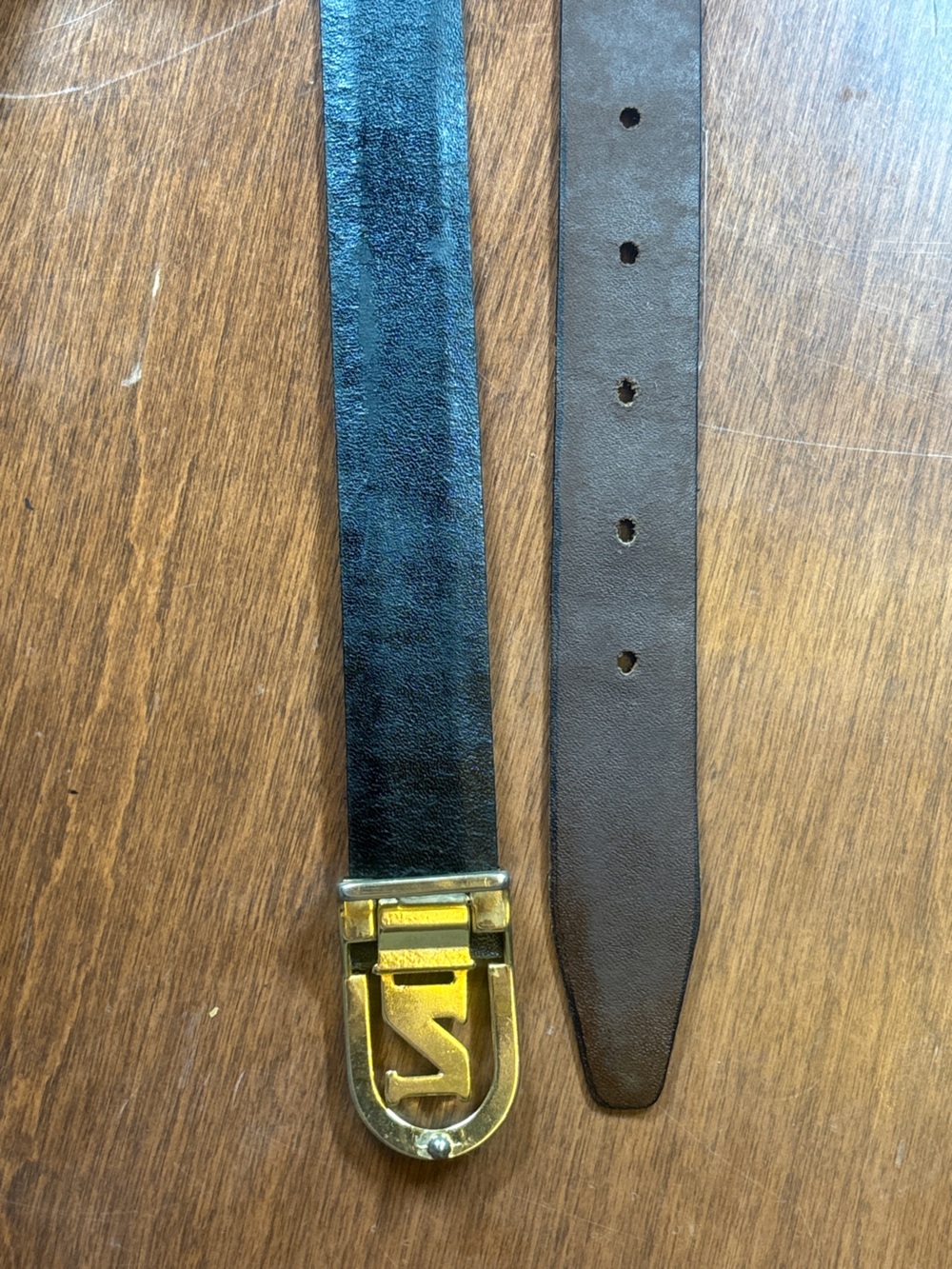 Source Unknown Brown and Black Leather Men's Belt with Gold Buckle - Picture 2 of 6
